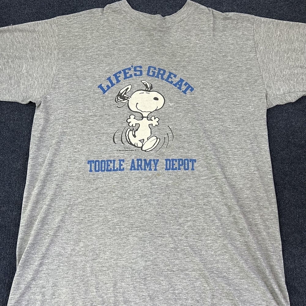 Vintage‎ Peanuts Snoopy Shirt Mens OS Sleep Shirt Gray Tooele Army Depot Tee